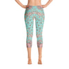 Abstract Capri leggings, Workout Pants 'Teal Birds of a Flower'
