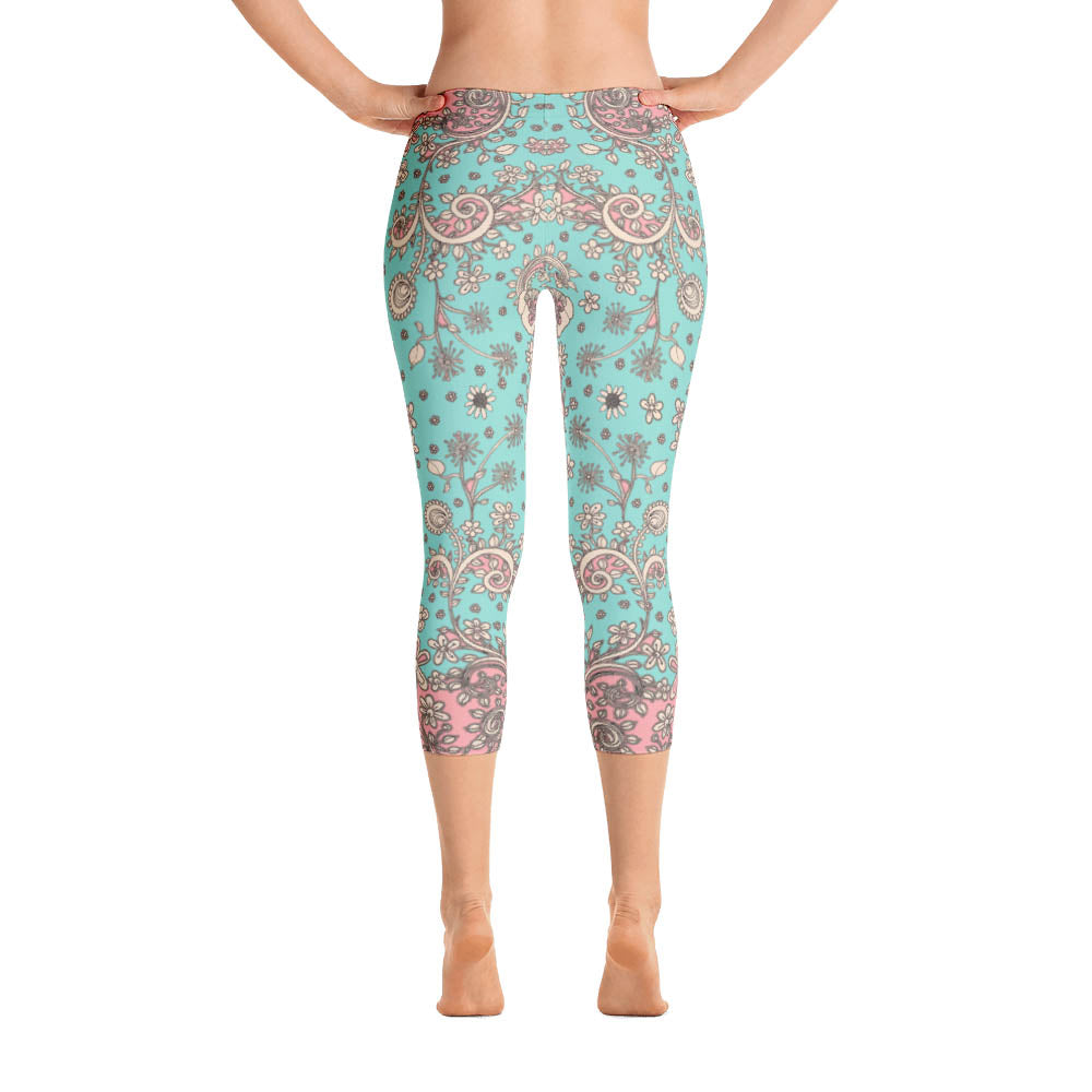 Abstract Capri leggings, Workout Pants 'Teal Birds of a Flower' - Castle of  Joy