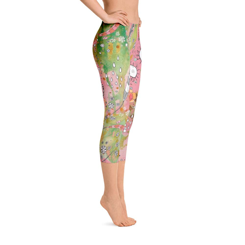 Abstract Capri leggings, Workout Pants 'Pink Feathers, Flowers