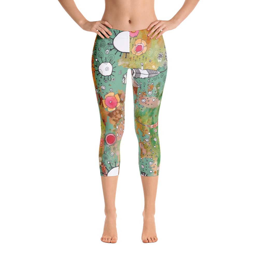 Abstract Capri leggings, Workout Pants 'Feathers, Flowers, Showers' -  Castle of Joy